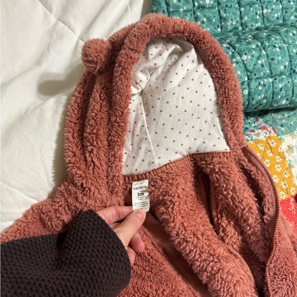 Carter’s 3 Month Pink Bear Baby Sherpa Bunting Fold Over Mits Zip Up - Picture 2 of 5